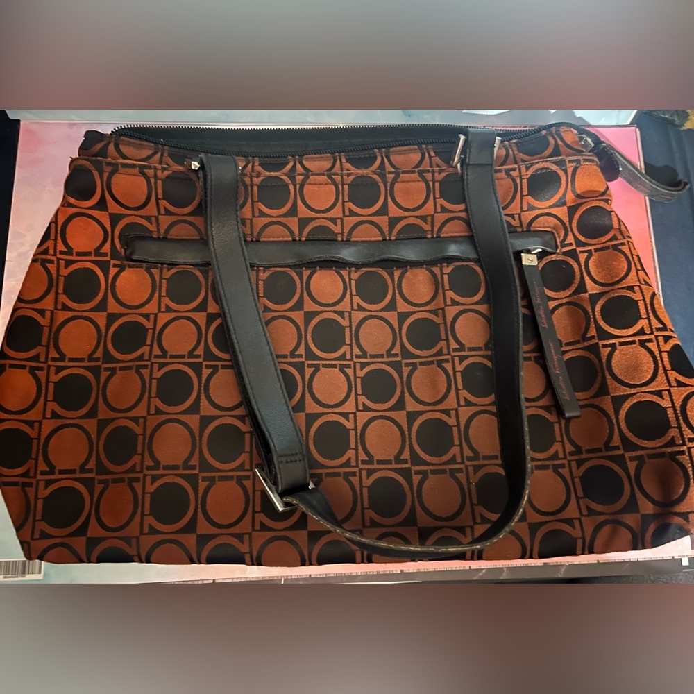 Salvatore Ferragamo Brown and Black Logo Jacquard Hobo Tote